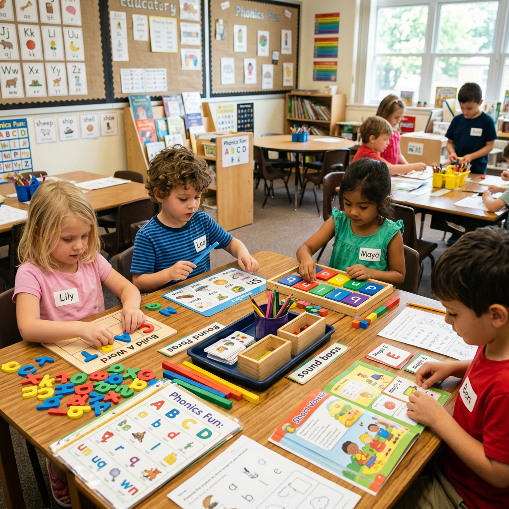 Children practicing phonics and early reading skills at classroom activity tables